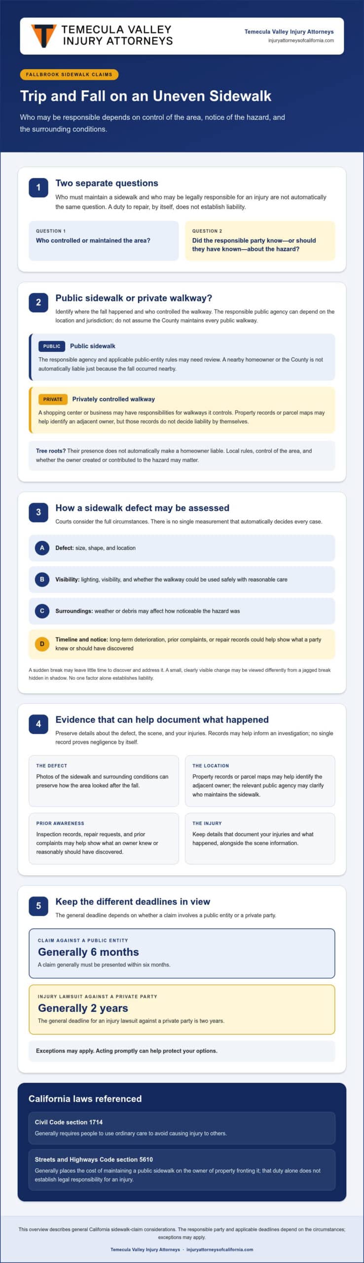 Trip and Fall on Uneven Sidewalk Lawyer Fallbrook: Your Guide to California Sidewalk Claims – Infographic Trip and Fall on Uneven Sidewalk Lawyer Fallbrook: Your Guide to California Sidewalk Claims