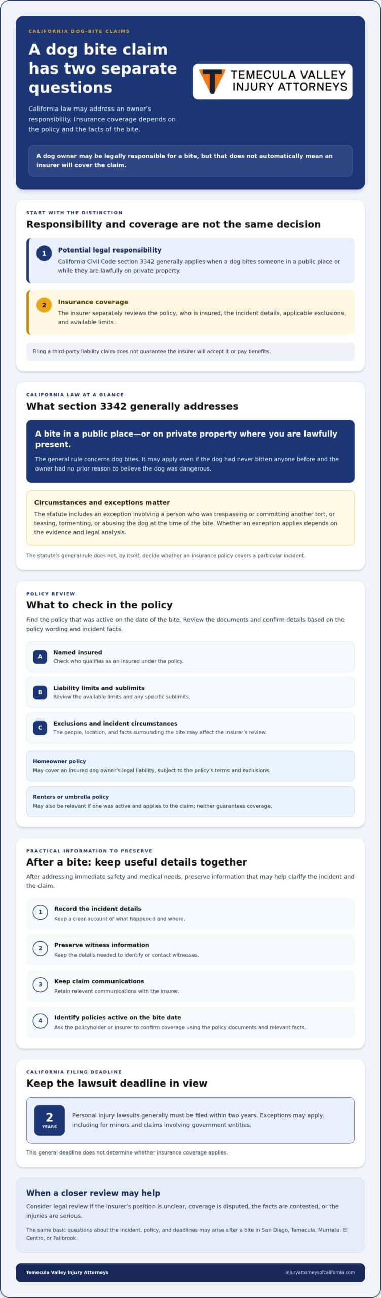 Homeowner Insurance Claim for a Dog Bite in San Diego: Coverage, Steps, and California Law – Infographic Homeowner Insurance Claim for a Dog Bite in San Diego: Coverage, Steps, and California Law